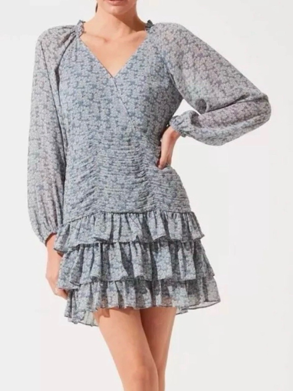 Astr Floral Tiered Ruffle V-Neck Mini Dress - Light Blue